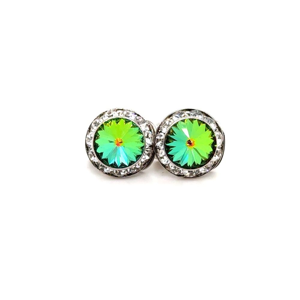 Vintage Iridescent Green Blue Crystal Halo Clip On Earrings Silver Tone Round